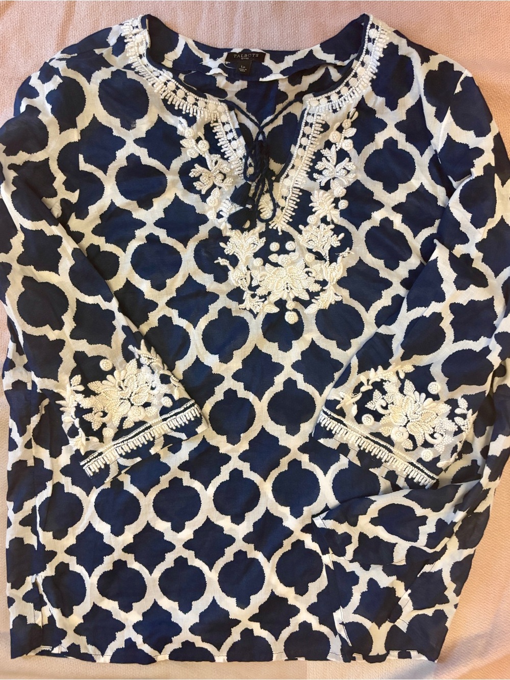 Talbots Navy and White Embroidered Patterned Tunic